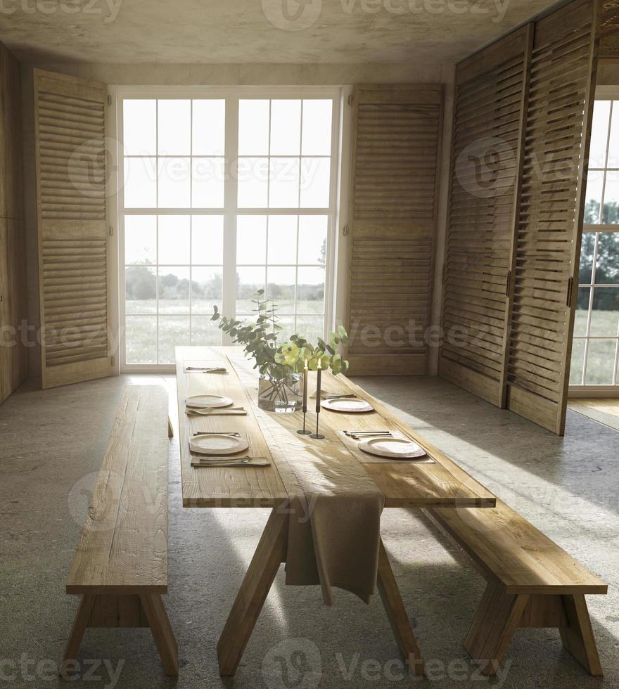 cocina de madera estilo casa de campo escandinava y grandes ventanales con vista a la naturaleza. mesa de comedor con platos. Ilustración de procesamiento 3d. foto