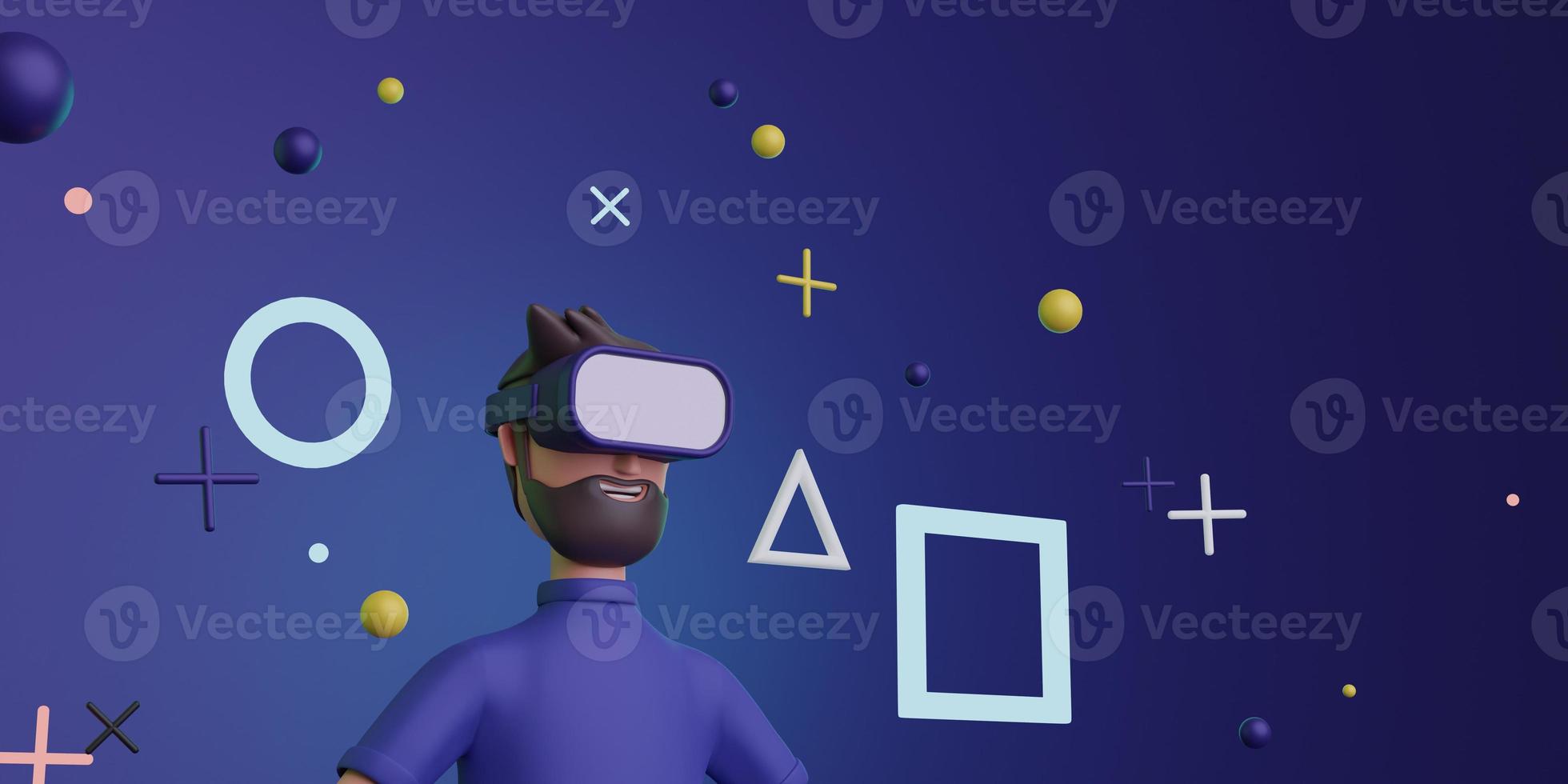 Cartoon character man with VR glasses concept of technology and gaming. 3d render illustration. photo