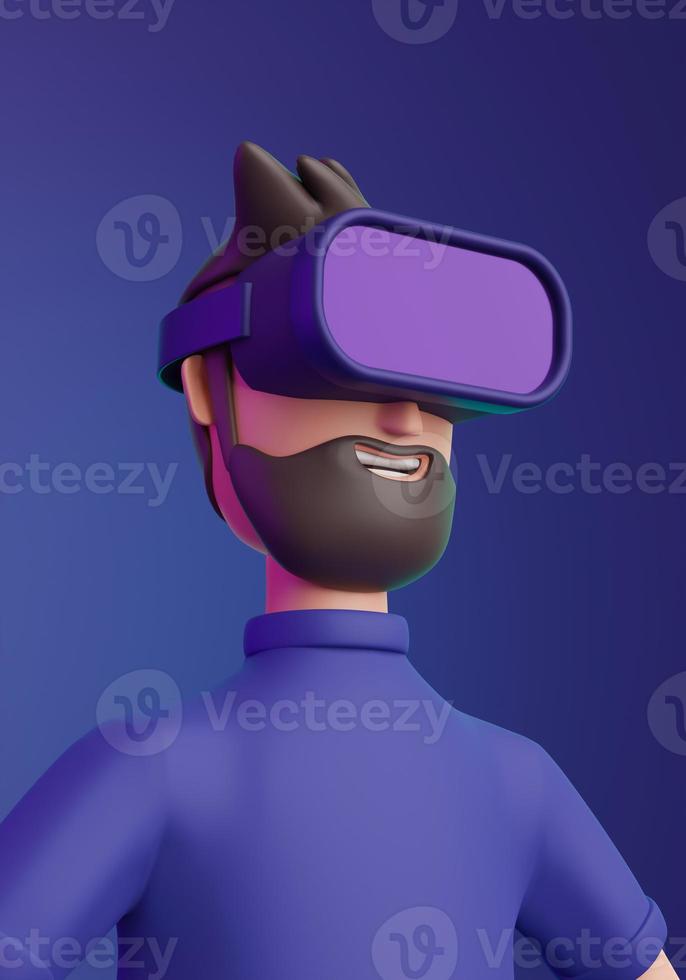 Close-up of a 3D cartoon character man with VR glasses concept of technology and gaming. 3d render illustration. photo