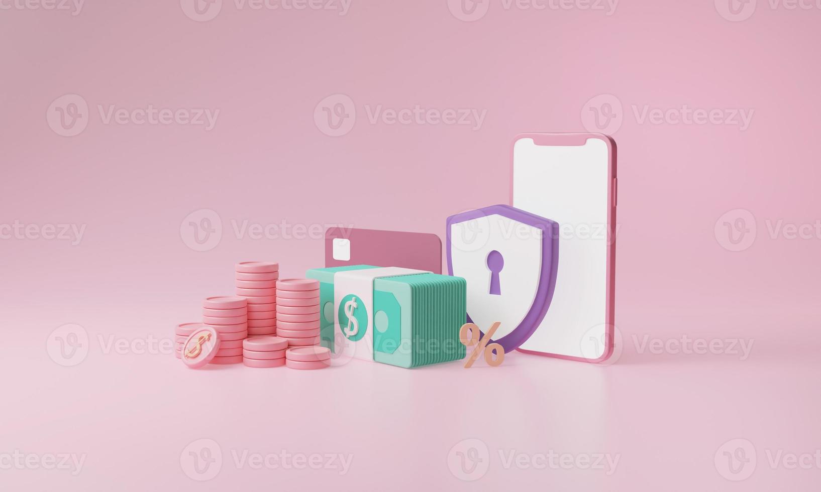 3D Rendering concept of investment. Security mobile phone with coins, credit card and money on background  for commercial design. with clipping path. photo