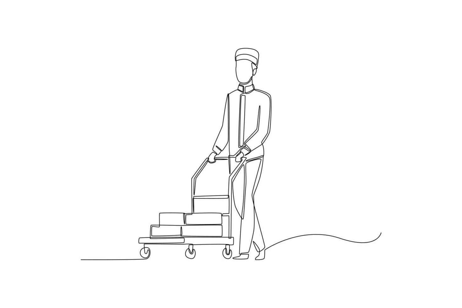 Single one line drawing baggage porter or bell boy bringing the suitcase of guests in luggage cart to the hotel room. Hotel activity concept. Continuous line draw design graphic vector illustration.