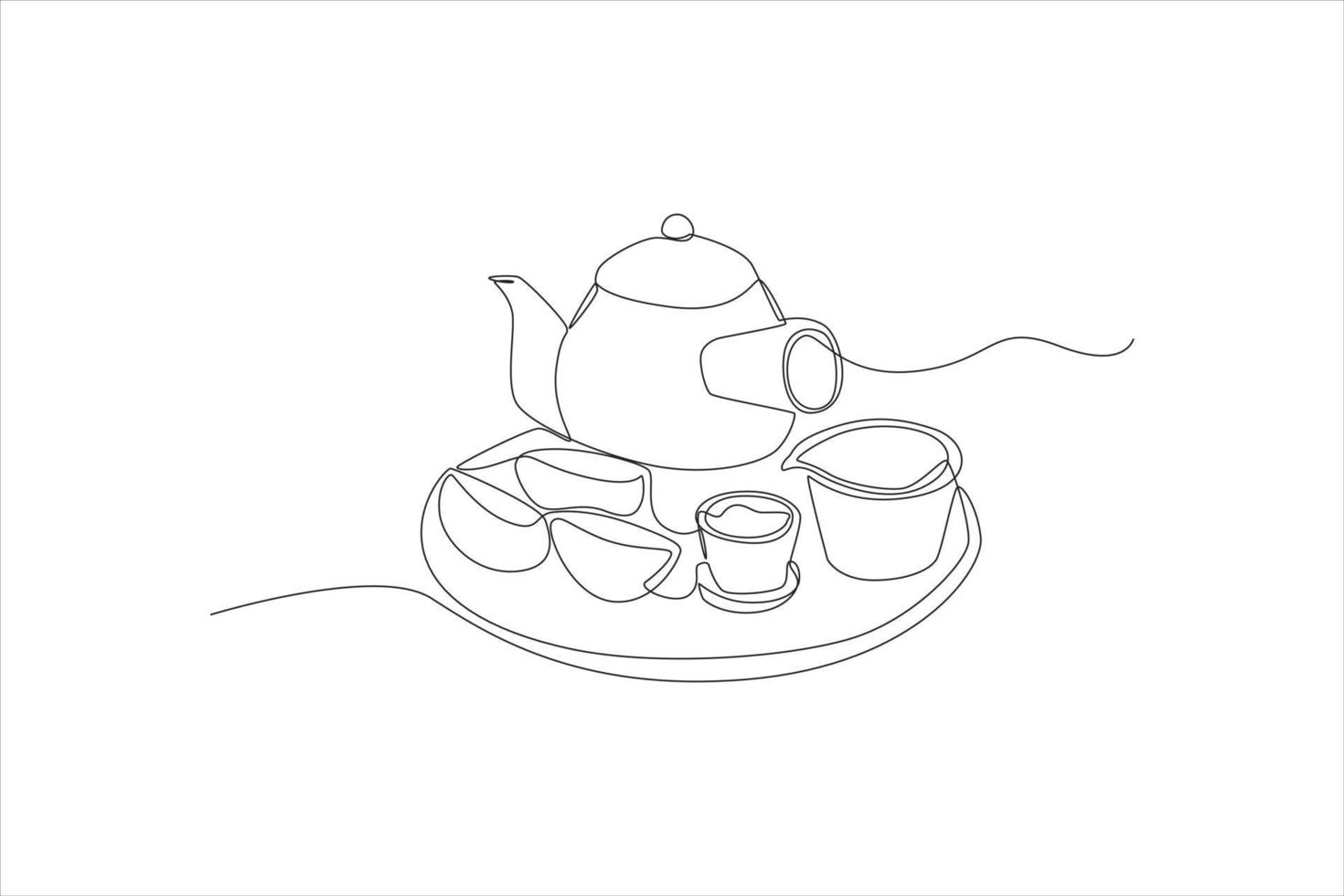 Single one line drawing teapot, teacup and korean food. Happy chuseok concept. Continuous line draw design graphic vector illustration.