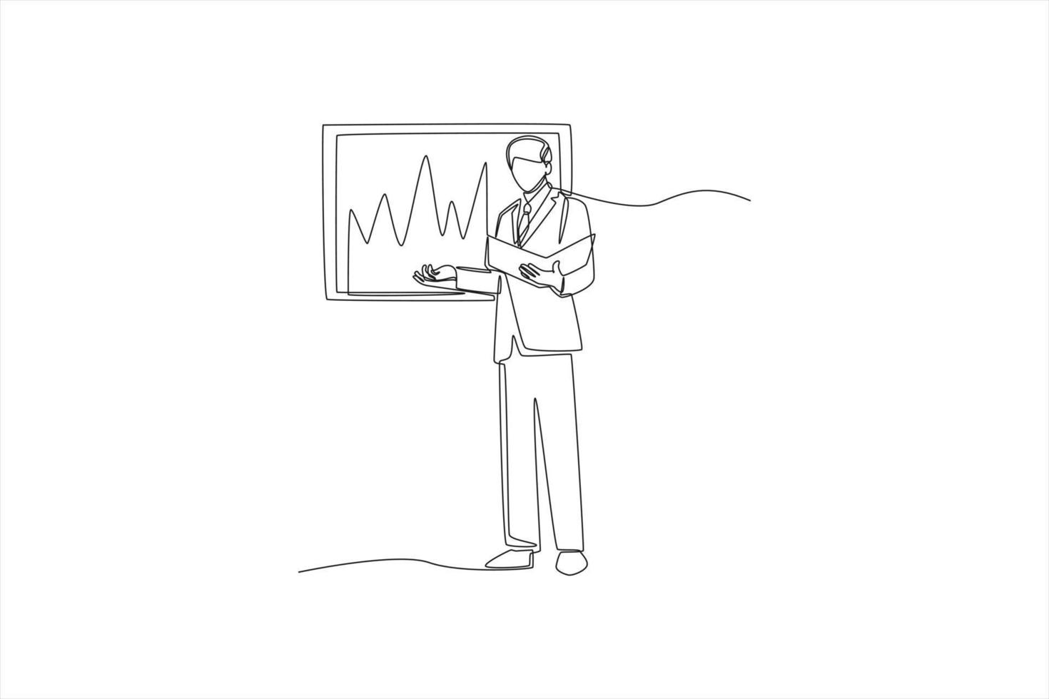 Continuous one line drawing businessman reading and analysis data based on graph in screen. Training and workshop concept. Single line draw design vector graphic illustration.