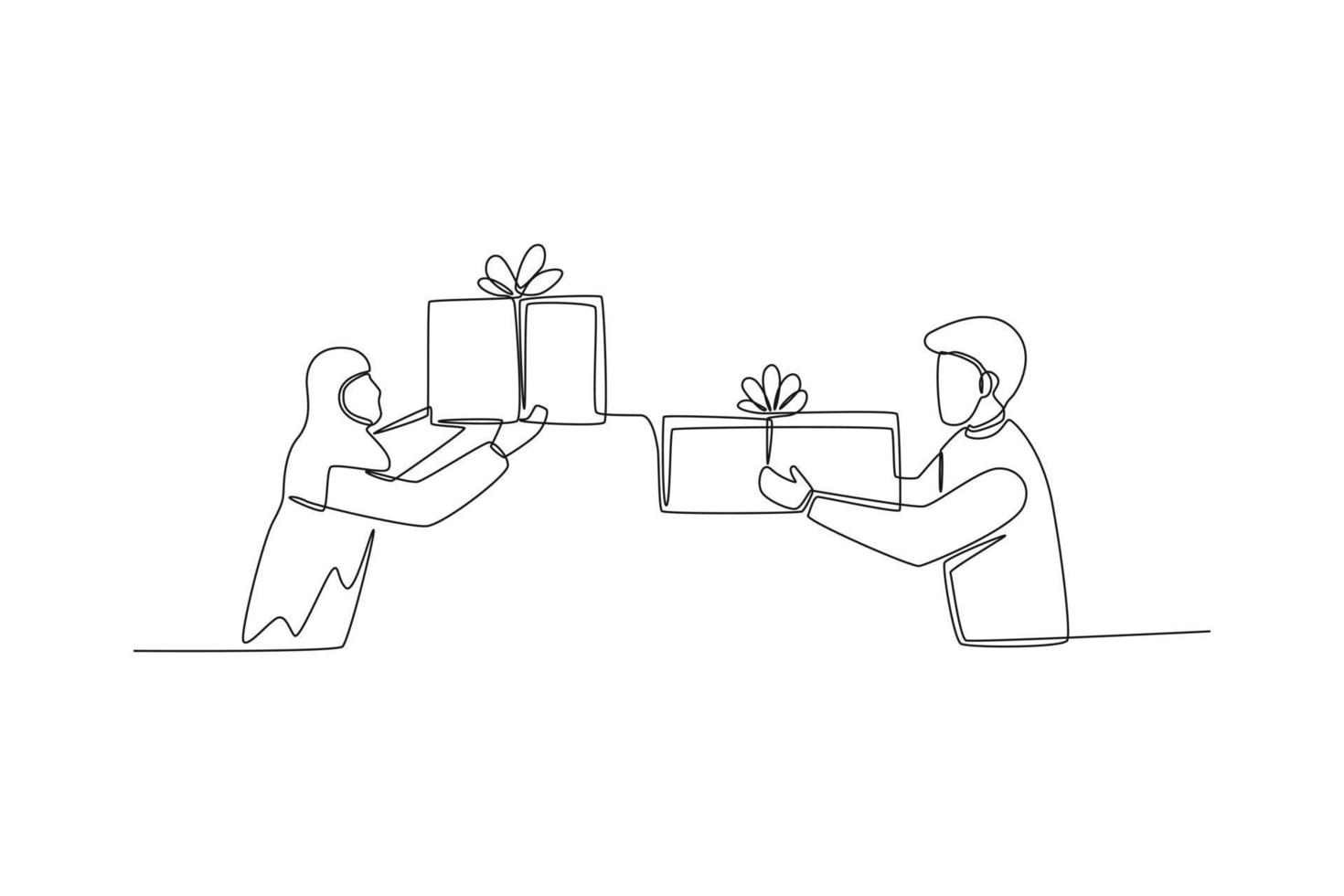 Single one line drawing Muslim couple holding gift boxes and giving each other. gift box concept. Continuous line draw design graphic vector illustration.