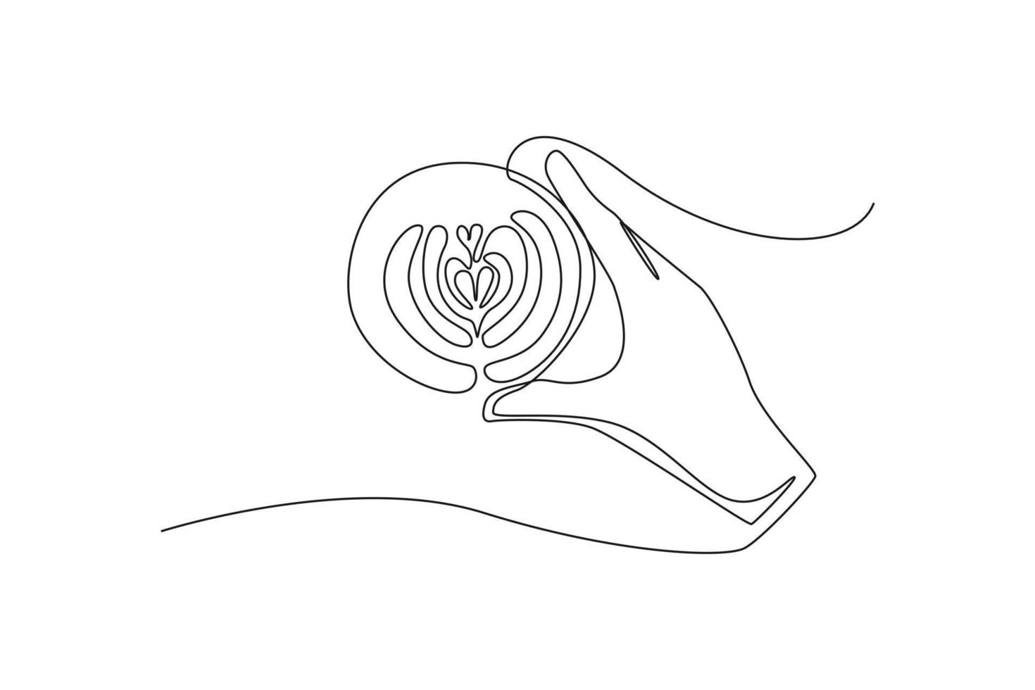 Continuous one line drawing hand of barista hold coffee latte art in coffee cup. International coffee day concept. Single line draw design vector graphic illustration.