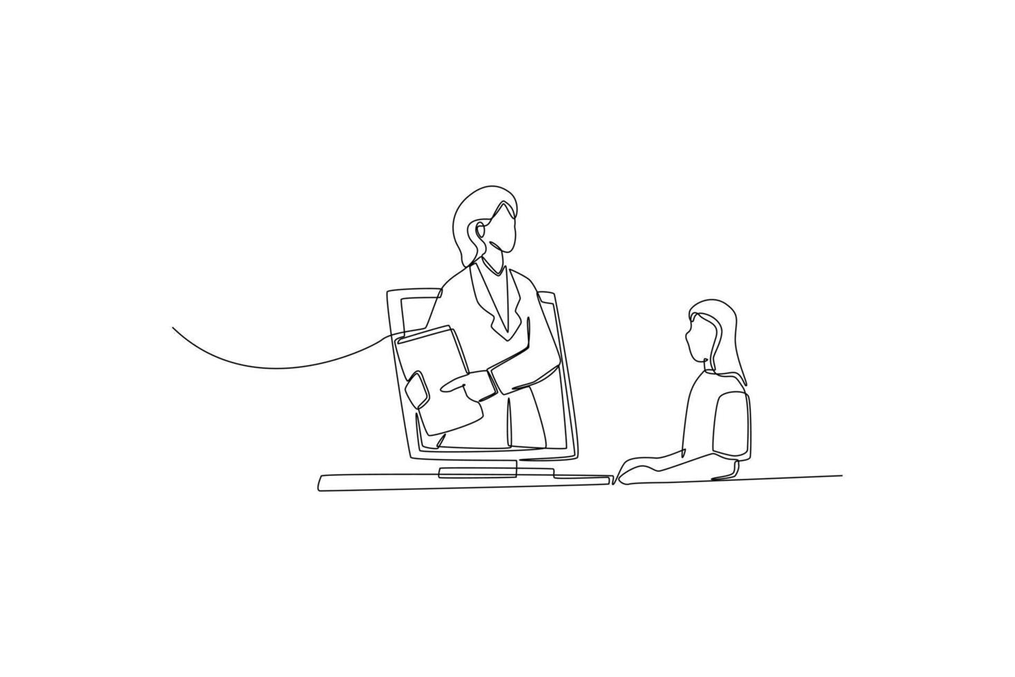 Single one line drawing Girl study on computer screen and the professor explained note on the video call. International teacher's day concept. Continuous line draw design graphic vector illustration.