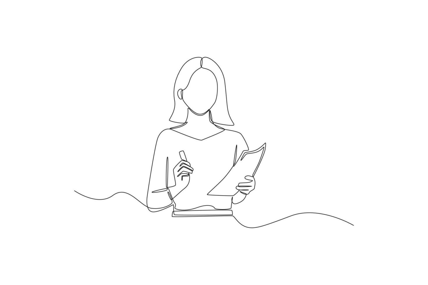 Single one line drawing Female teacher teaches using notes and pen in her hand. International teacher's day concept. Continuous line draw design graphic vector illustration.