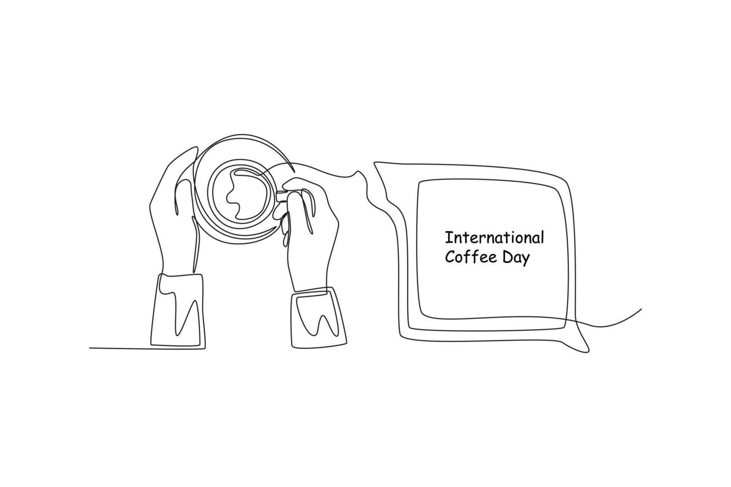 Continuous one line drawing hands hold a cup of coffee. Suitable for greeting card. International coffee day concept. Single line draw design vector graphic illustration.