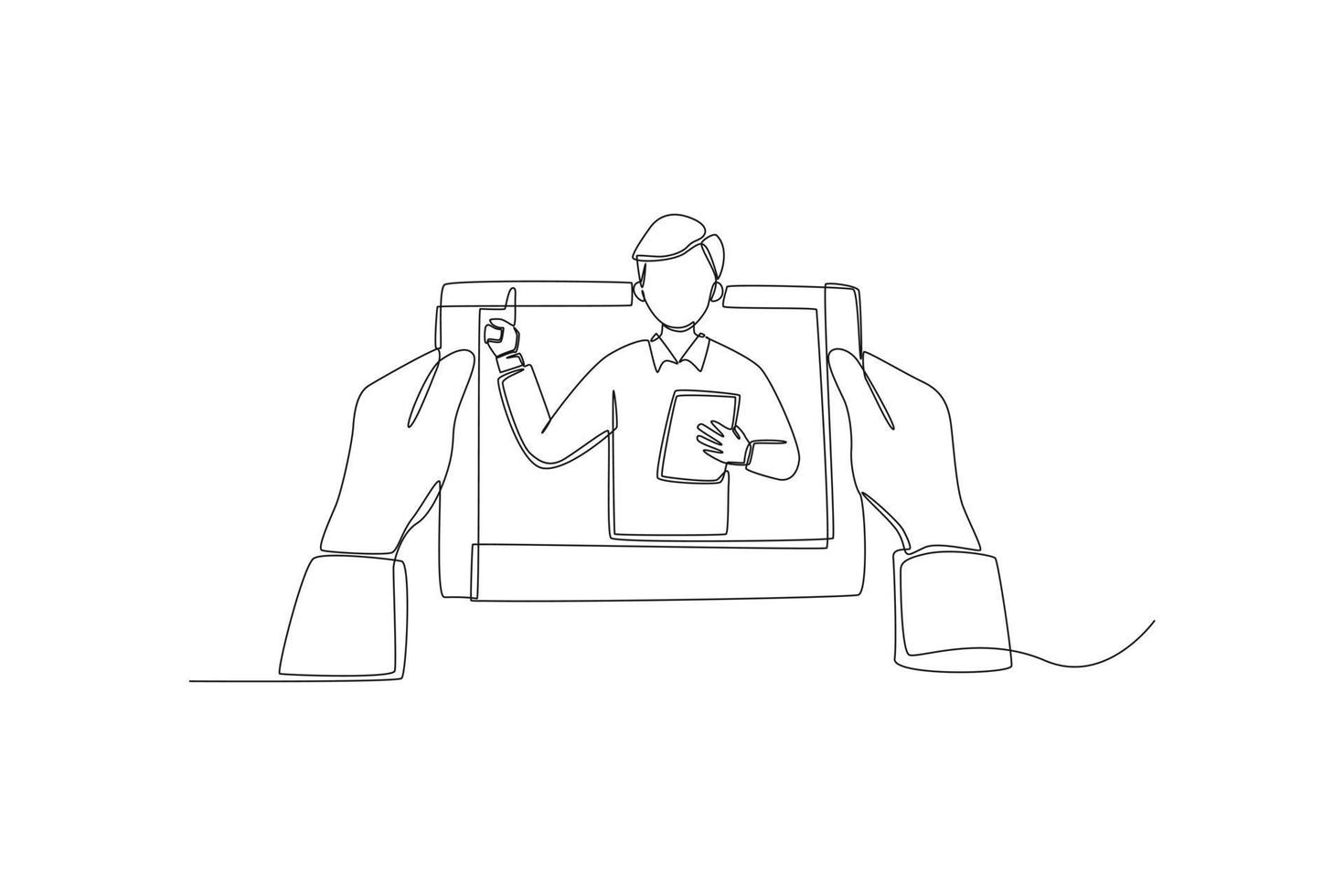 Single one line drawing student hand hold on tablet. Male teacher on tablet screen online video. International teacher's day concept. Continuous line draw design graphic vector illustration.
