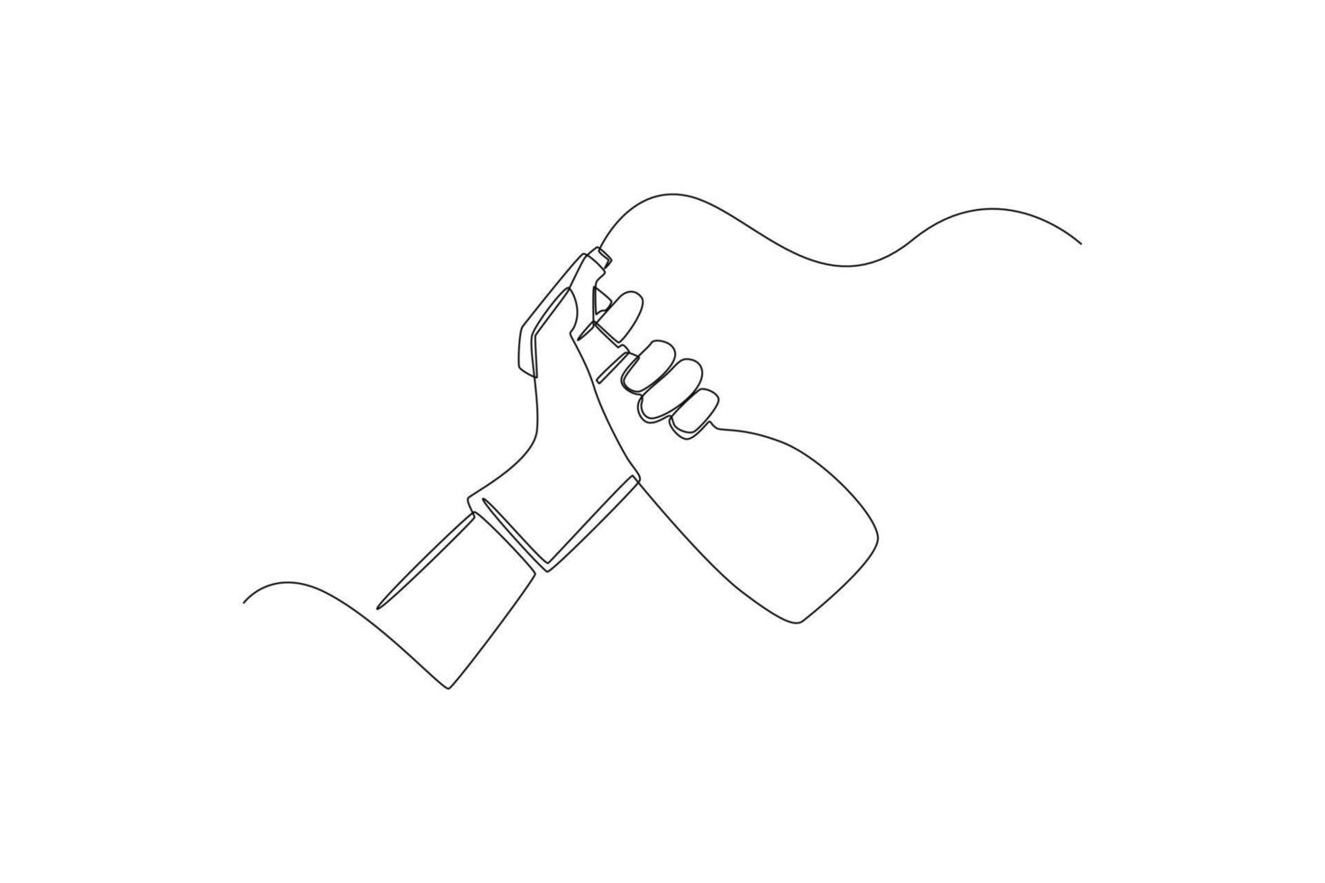 Continuous one line drawing Man in gloves holds bottle of antiseptic spray. Office cleaning services concept. Single line draw design vector graphic illustration.
