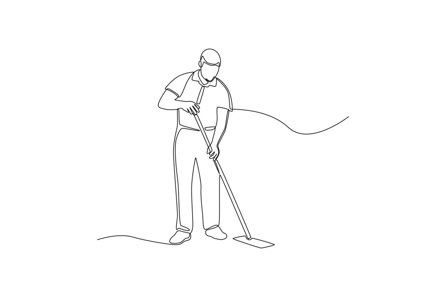 Continuous one line drawing male janitor mopping floor in office. Office cleaning services concept. Single line draw design vector graphic illustration.