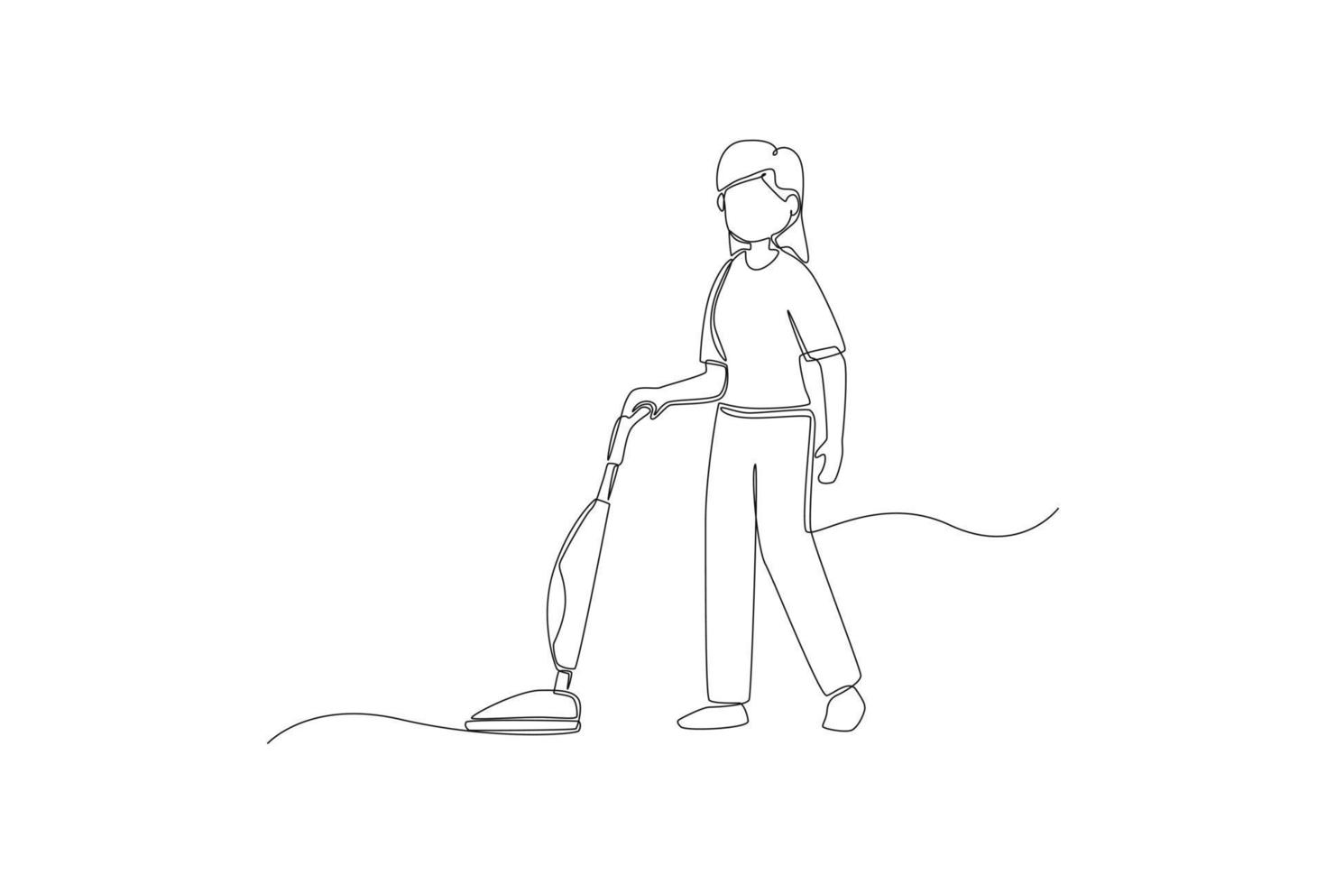 Continuous one line drawing Female janitor cleaning floor with vacuum cleaner in room. Office cleaning services concept. Single line draw design vector graphic illustration.