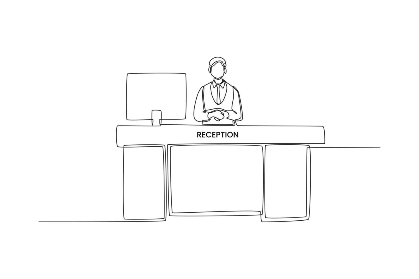 Single one line drawing manager behind registration desk. Receptionist and guests. Hotel activity concept. Continuous line draw design graphic vector illustration.