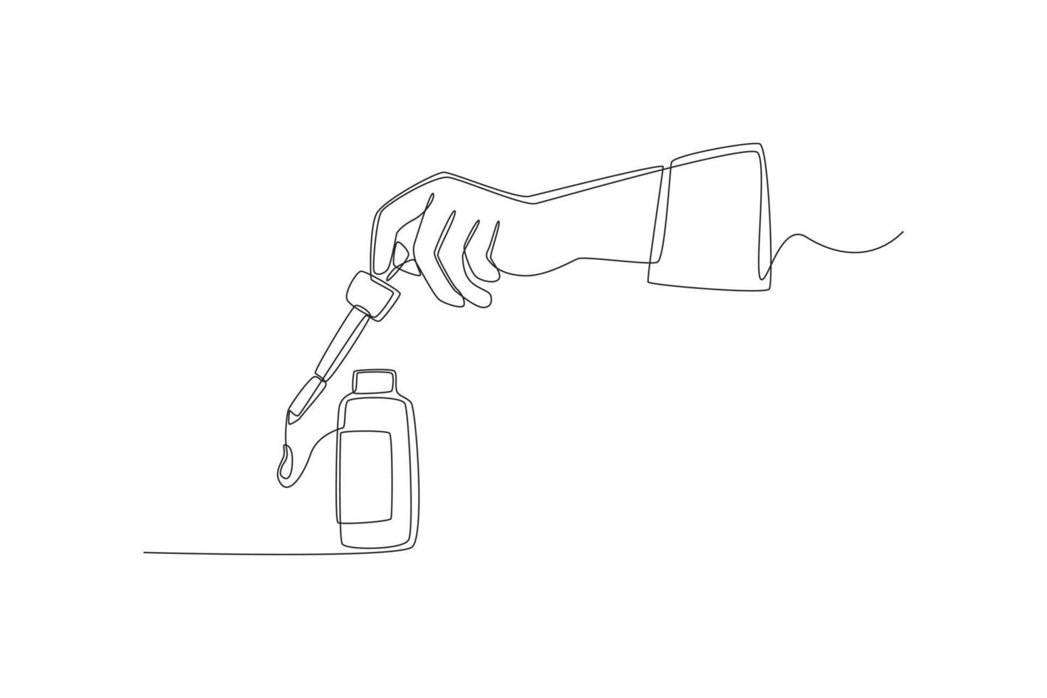 Continuous one line drawing hand with a dropper take a drop of serum in a vial. Skin care concept. Vector graphics illustration of single line drawing design. Skin care concept. Single line draw desi