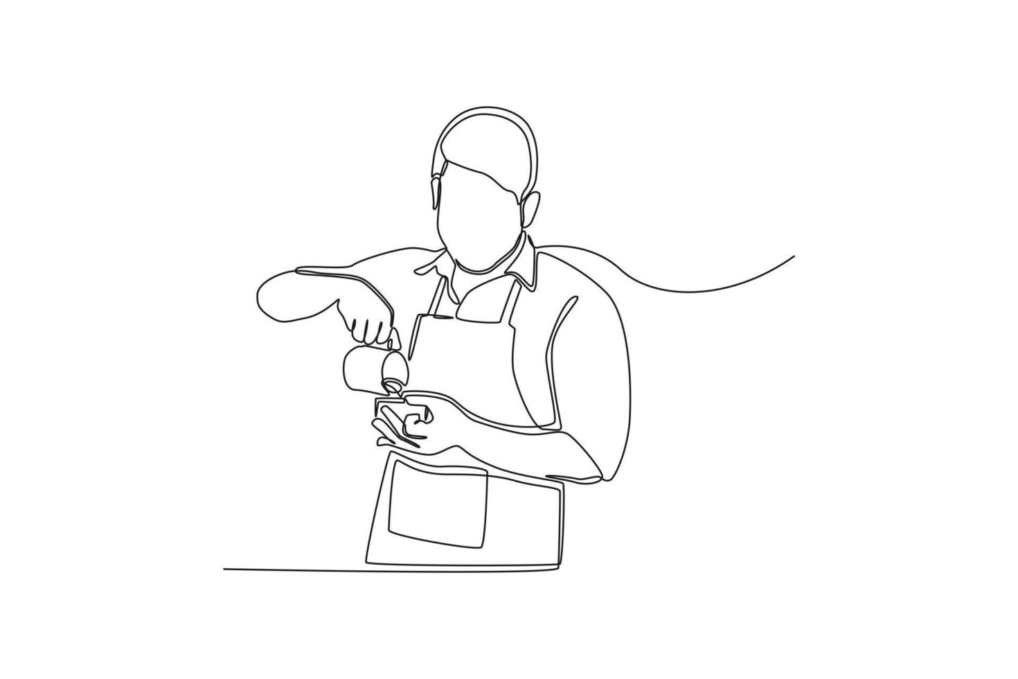 Continuous one line drawing barista pouring milk to coffee. International coffee day concept. Single line draw design vector graphic illustration.