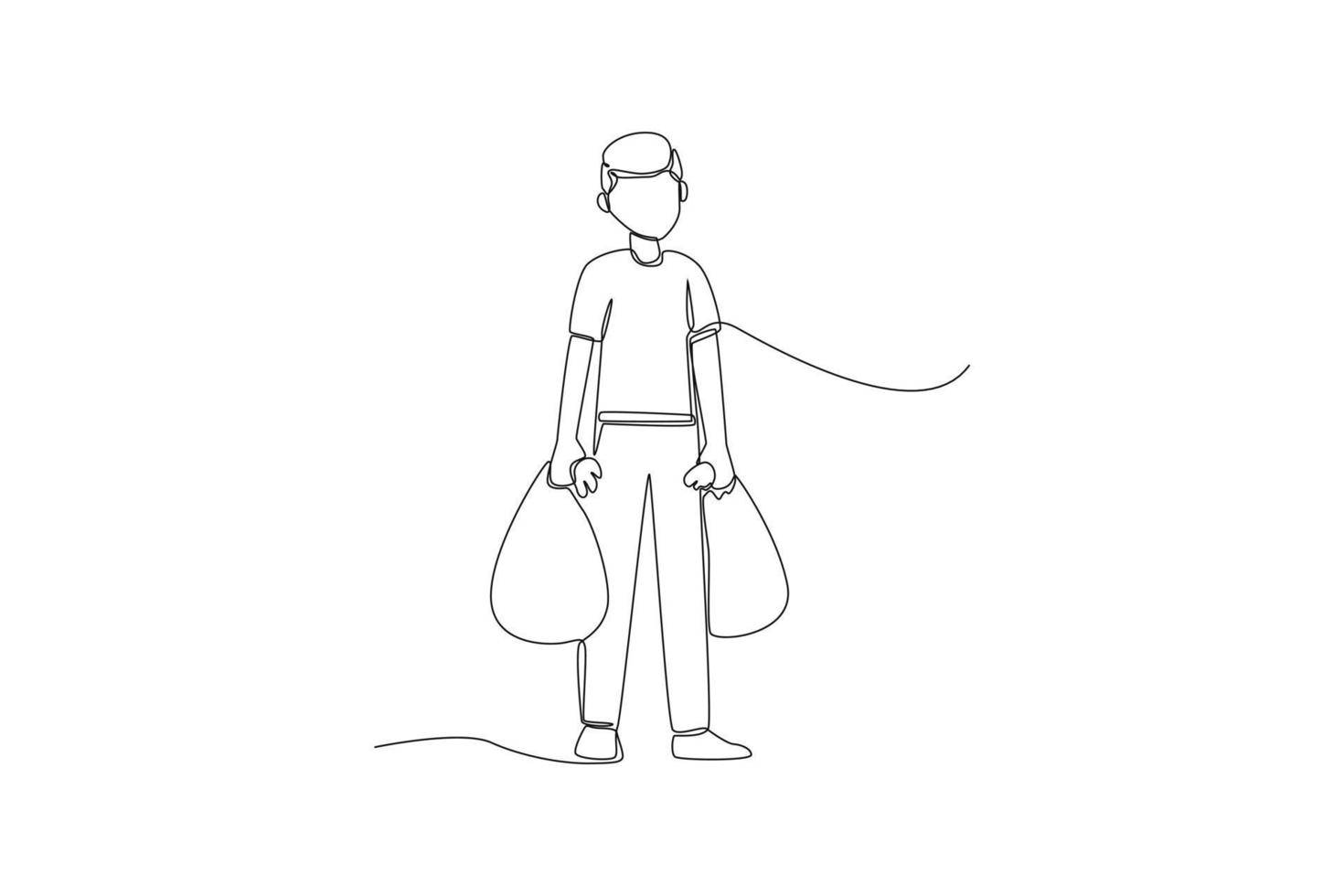 Continuous one line drawing man holding two trash bag. Office cleaning services concept. Single line draw design vector graphic illustration.