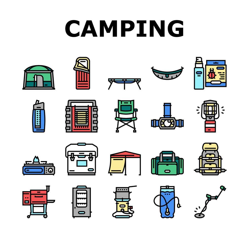 equipo de camping y accesorios iconos conjunto vector