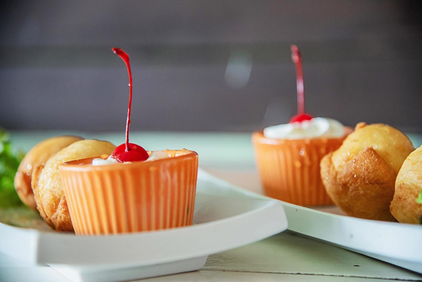 Colourful fried ice cream ball dish - fast delicious unhealthy food concept photo