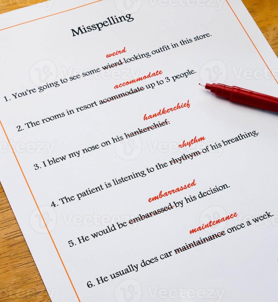 english spelling correction sheet on table photo