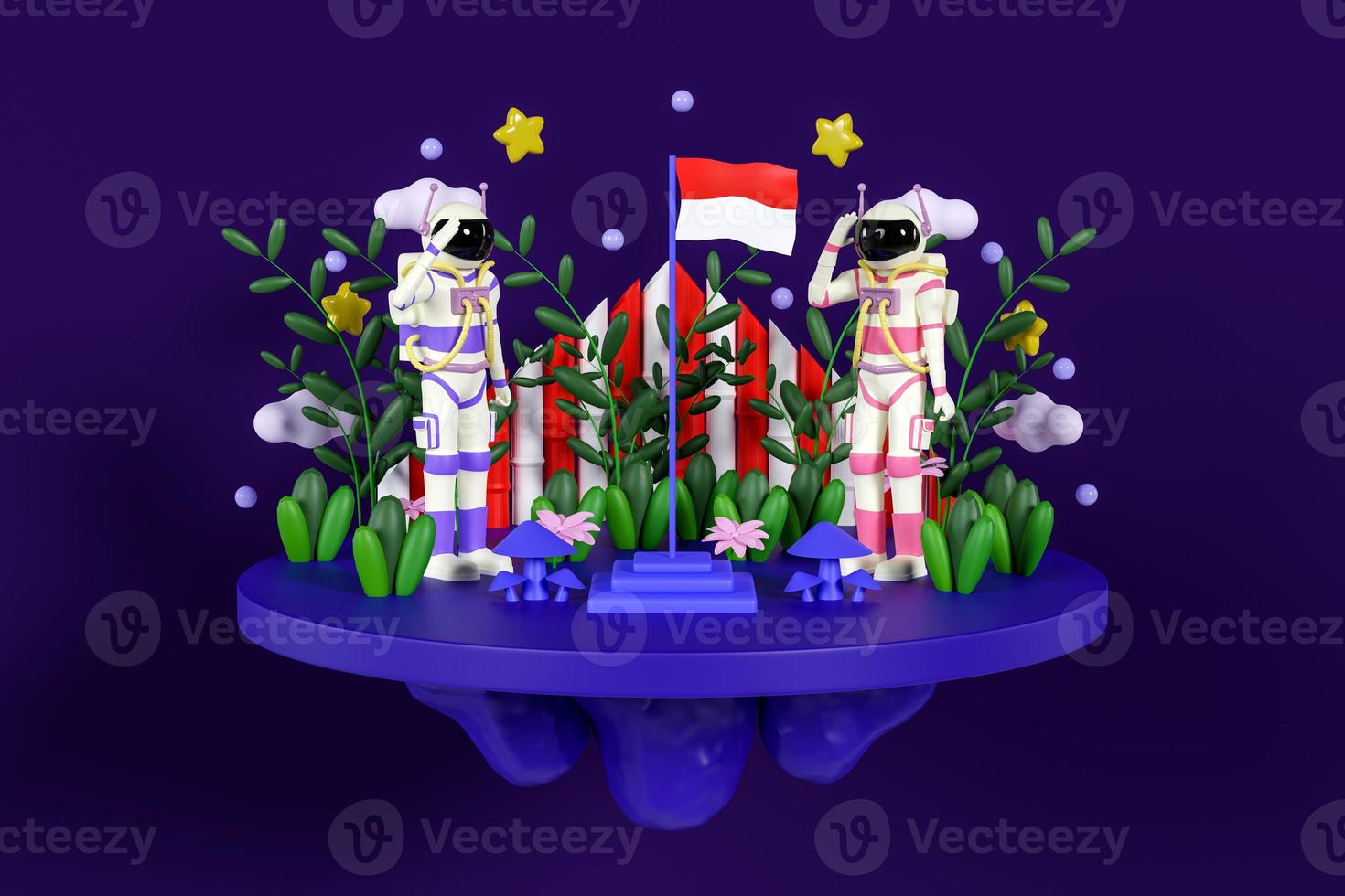 Astronauts salute the Indonesian flag. indonesian independence day 3d illustration on blue background. 3d render photo