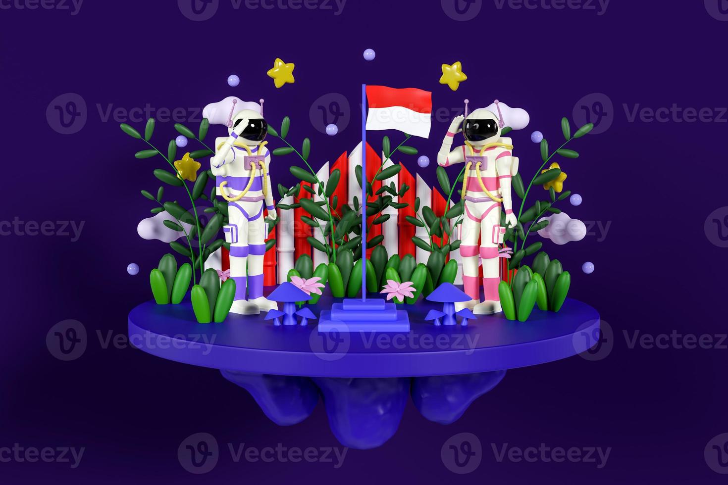 los astronautas saludan a la bandera de Indonesia. ilustración 3d del día de la independencia de Indonesia sobre fondo azul. renderizado 3d foto