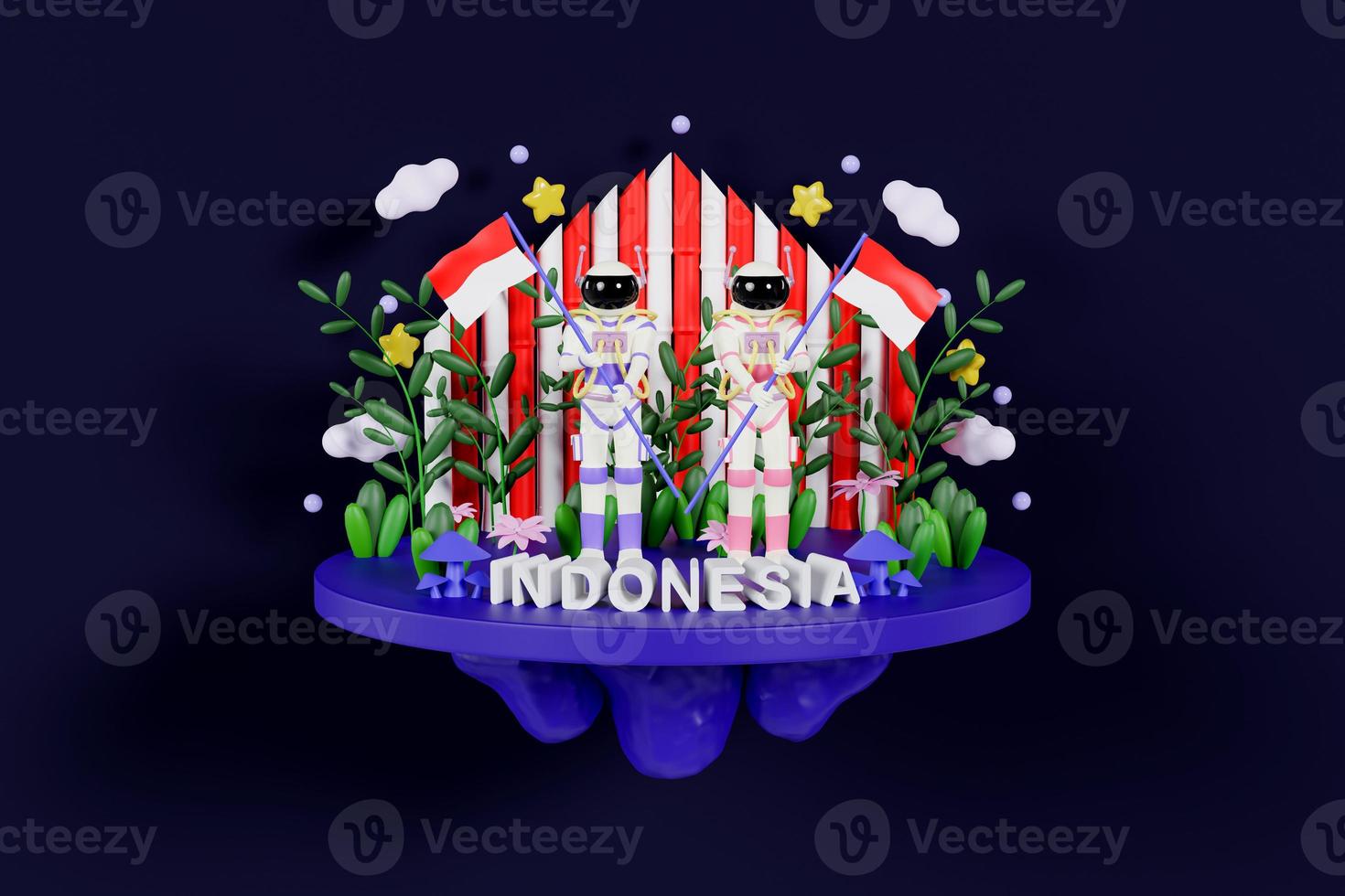 astronautas levantando la bandera de Indonesia. ilustración 3d del día de la independencia de Indonesia sobre fondo azul. renderizado 3d foto