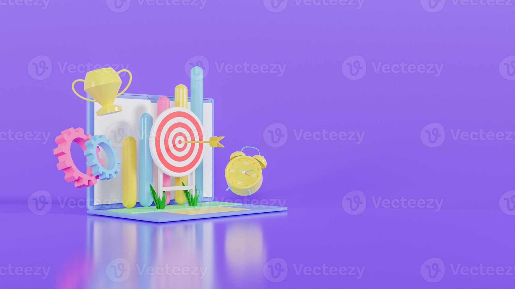 3d illustration of target achievement with arrow on target, discipline, trophy and productivity increase. 3d render photo