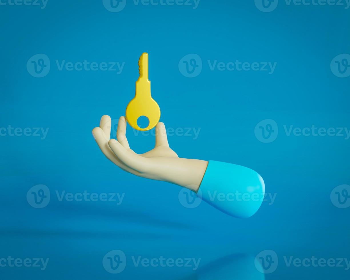 3d illustration people hand give a gold key with cartoon style. 3d render photo