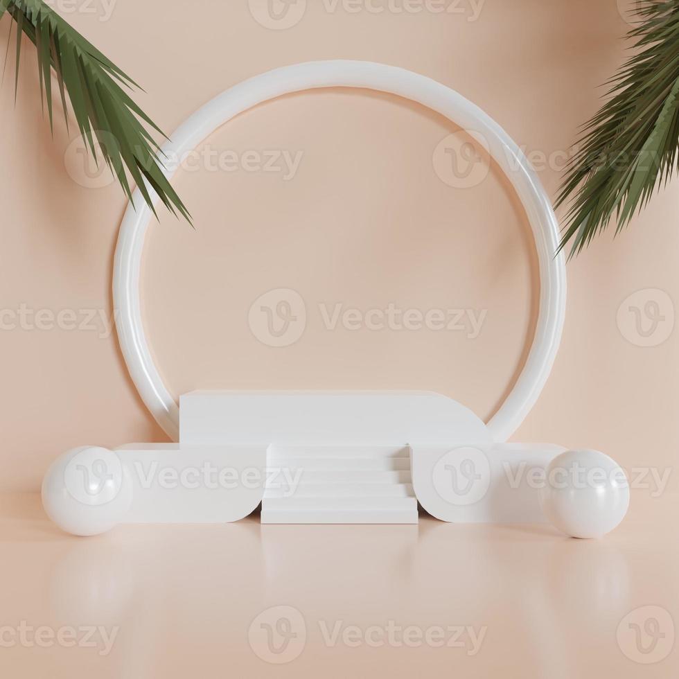 escena con podio minimalista blanco y hoja de palma en fondo beige. renderizado 3d foto