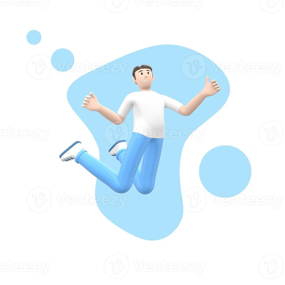 Positive character in colored clothes on an abstract stain background. A young cheerful guy runs, dances, jumps, levitates and flies. Funny cartoon people. 3D rendering. photo