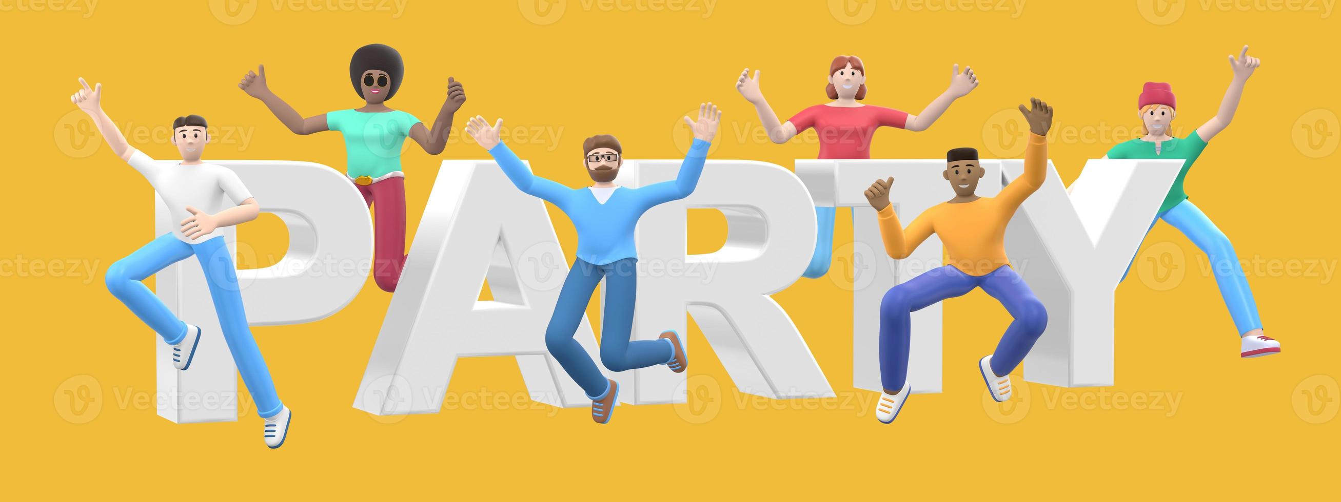 The word party on a yellow background. Group of young multicultural happy people jump and dance together. Horizontal banner cartoon character and website slogan. 3D rendering. photo