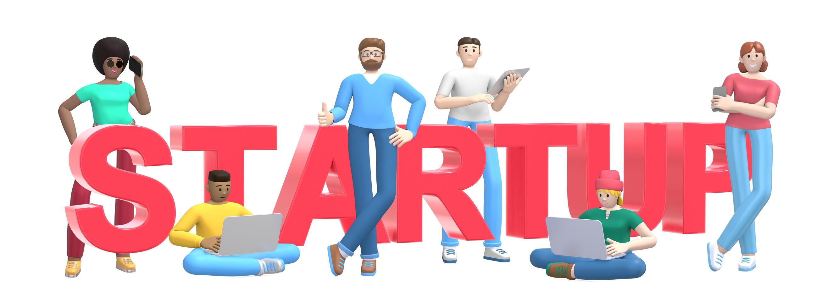 Group of young multiethnic successful people with laptop, tablet, phone and word startup on white background. Horizontal banner cartoon character and text website slogan. 3D rendering. photo