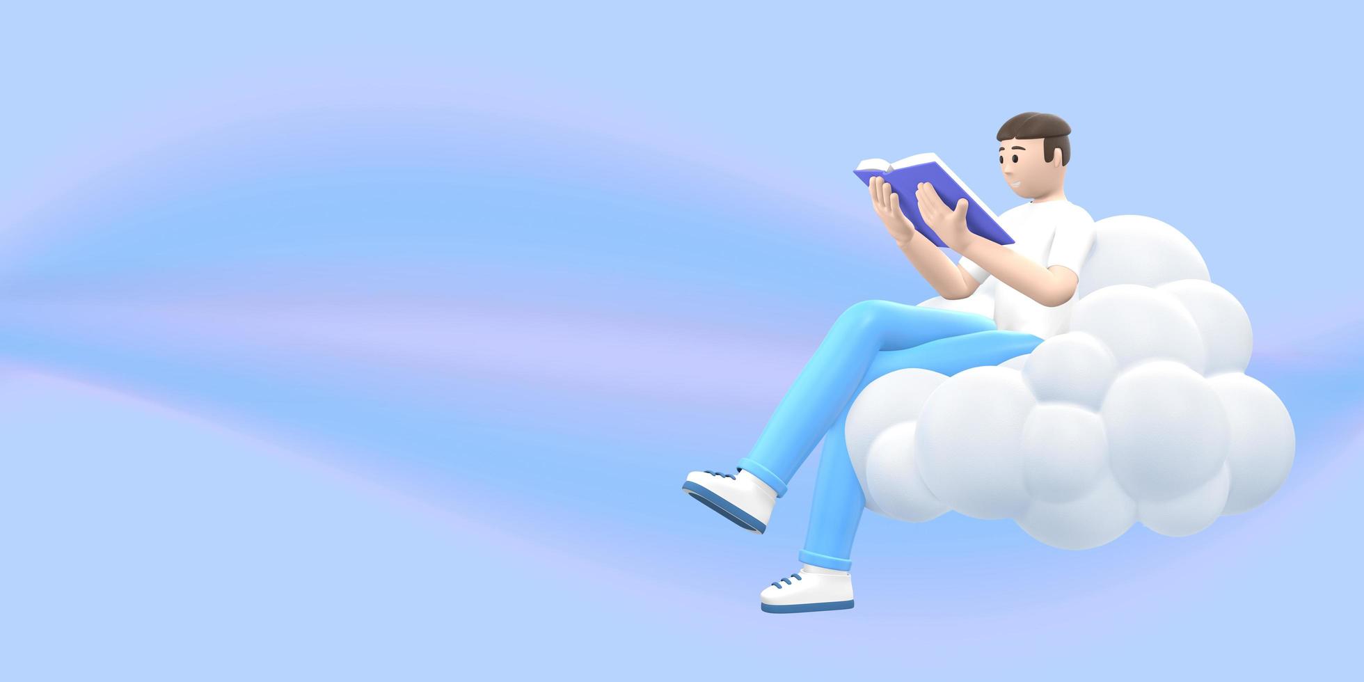 fanático de la literatura, un joven en el cielo en una nube está leyendo un libro. gente de dibujos animados divertidos y abstractos sobre un fondo rosa. representación 3d foto