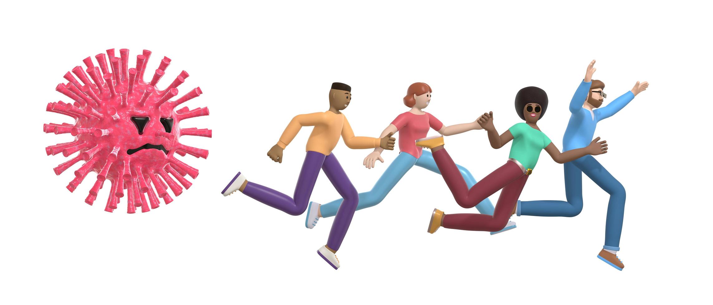 Panic fear virus. A multinational group of young people runs away in horror from a huge molecule. Cartoon character guys and girls afraid pandemic, flu, coronavirus white background. 3D rendering photo