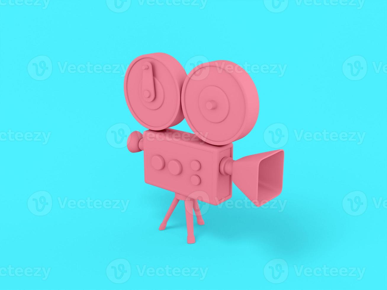 Pink mono color retro video camera on a blue solid background. Minimalistic design object. 3d rendering icon ui ux interface element. photo