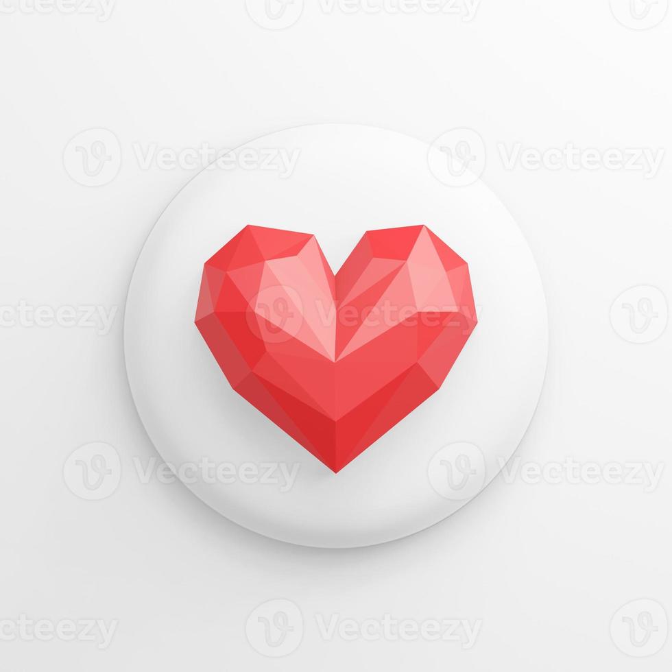 Icon is a red low-poly heart, white round button. 3D rendering. photo