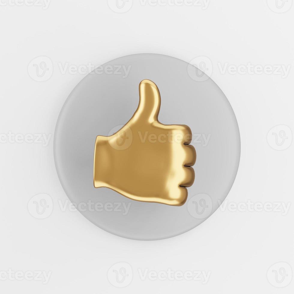 Golden palm icon with thumb up. 3d rendering gray round key button, interface ui ux element. photo