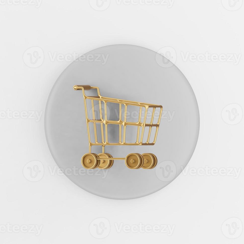 Golden shopping cart on wheels icon. 3d rendering gray round key button, interface ui ux element. photo