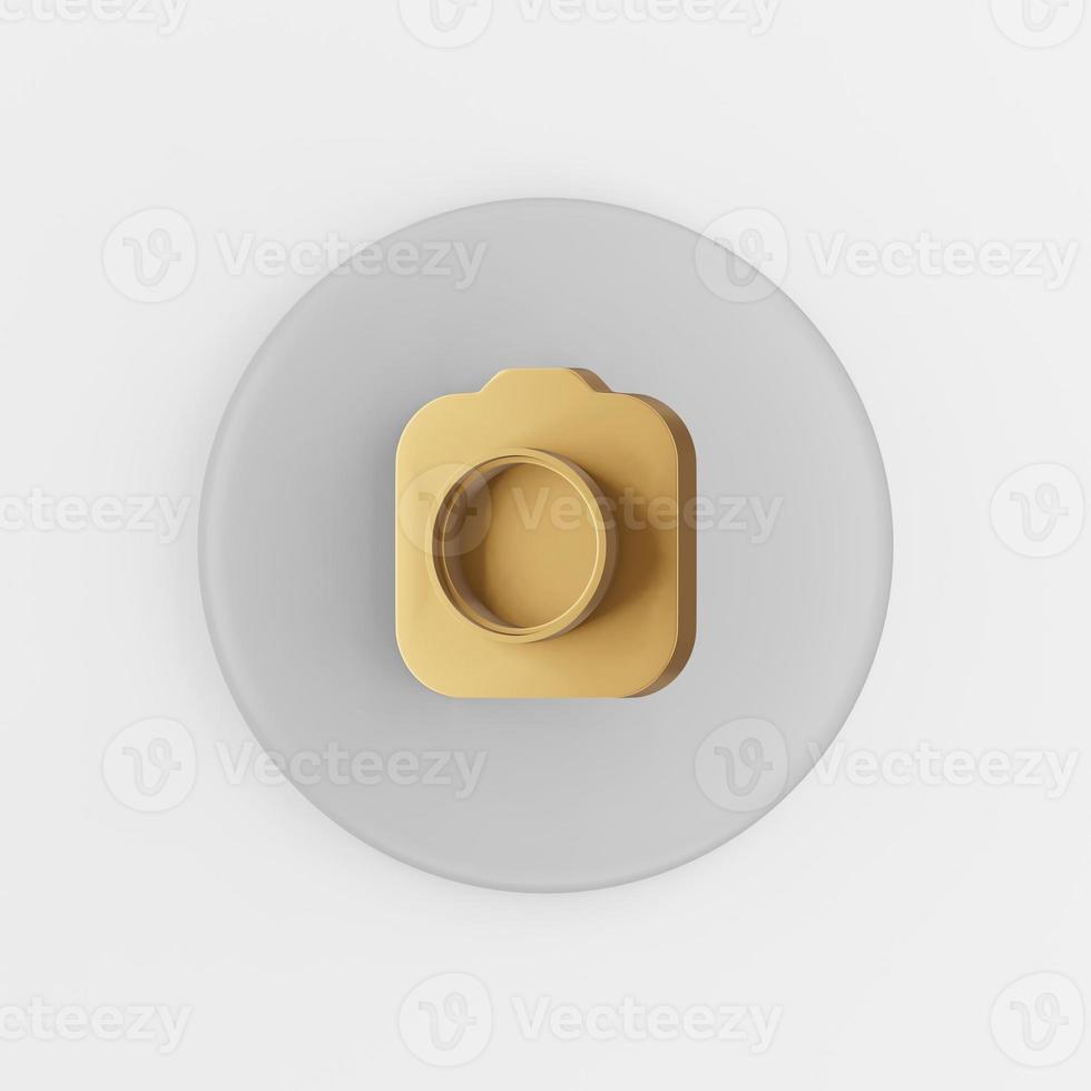 Gold photo camera icon. 3d rendering gray round key button, interface ui ux element.