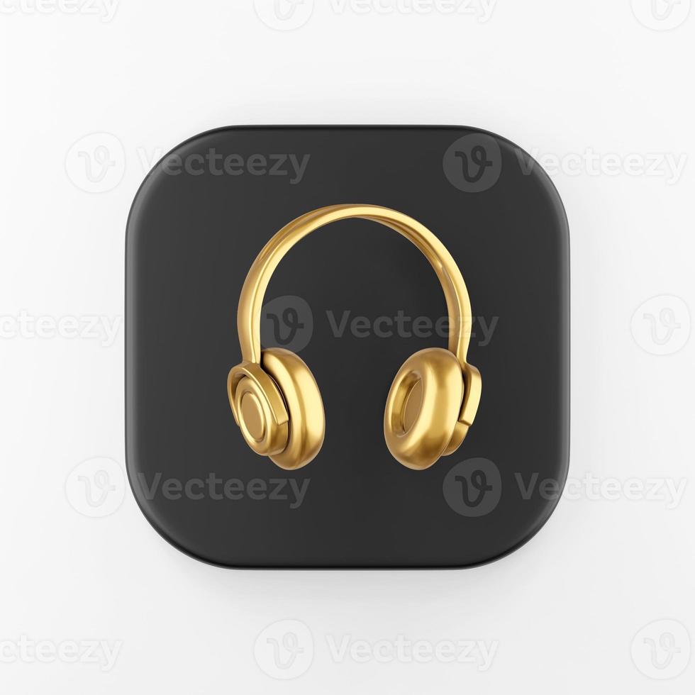 Gold headphones icon. 3d rendering black square key button, interface ui ux element. photo