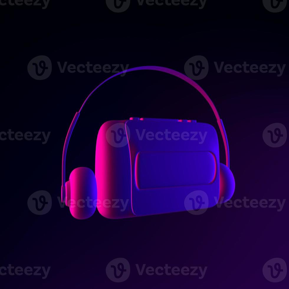 Neon vintage audio cassette player icon. 3d rendering ui ux interface element. Dark glowing symbol. photo