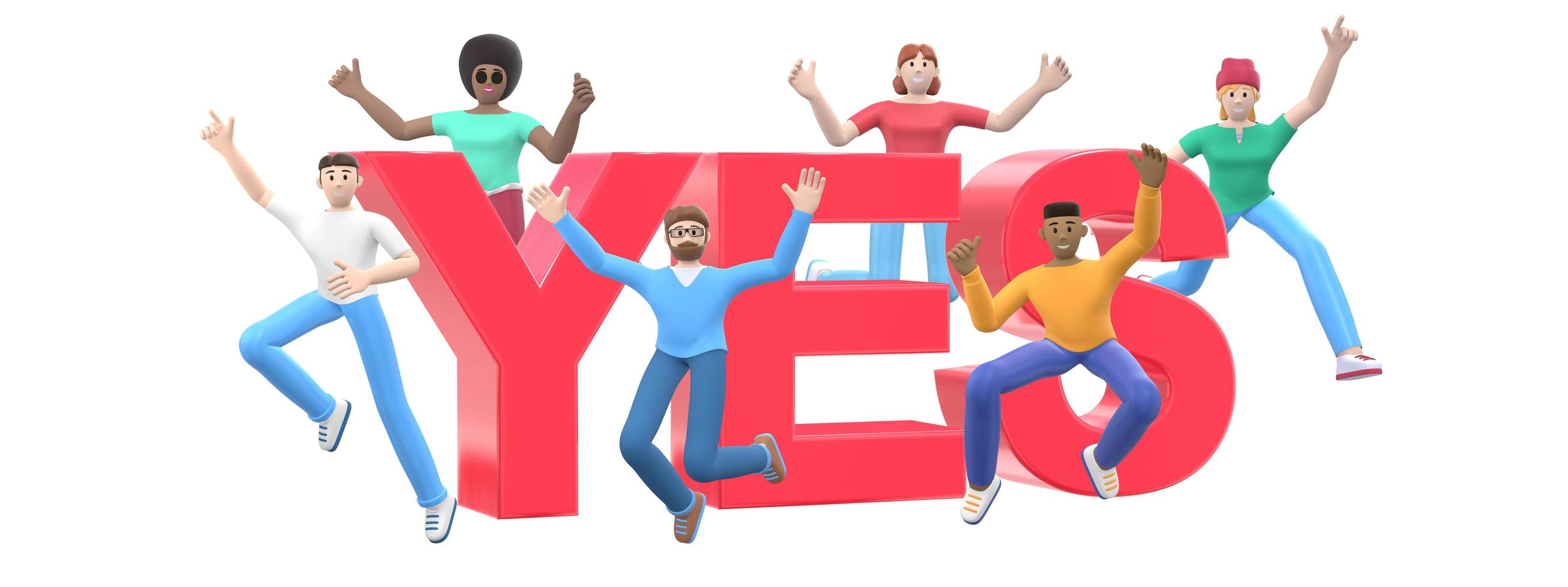 The word yes on a white background. Group of young multicultural happy people jump and dance together. Horizontal banner cartoon character and website slogan. 3D rendering. photo