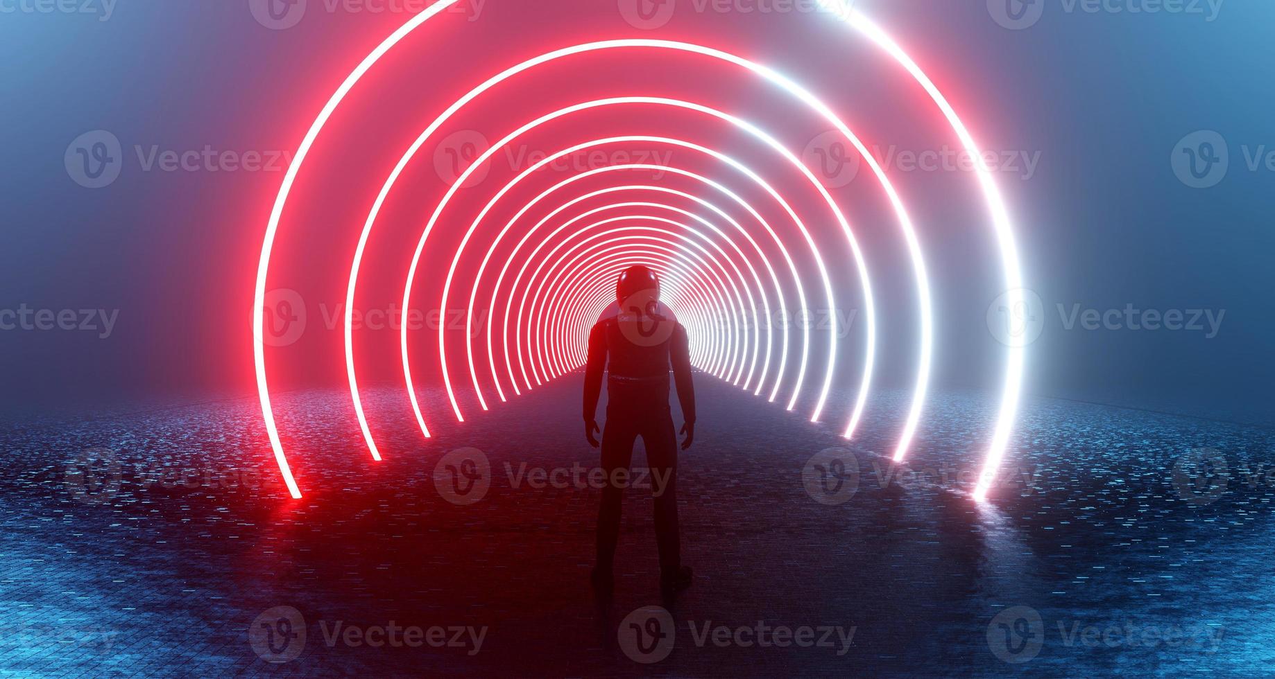 3D rendering a fantastic scene a lonely man in front of a neon red circles portal, teleport. An alien, mystical landscape, a luminous tunnel into the distance, a blazing corridor. photo