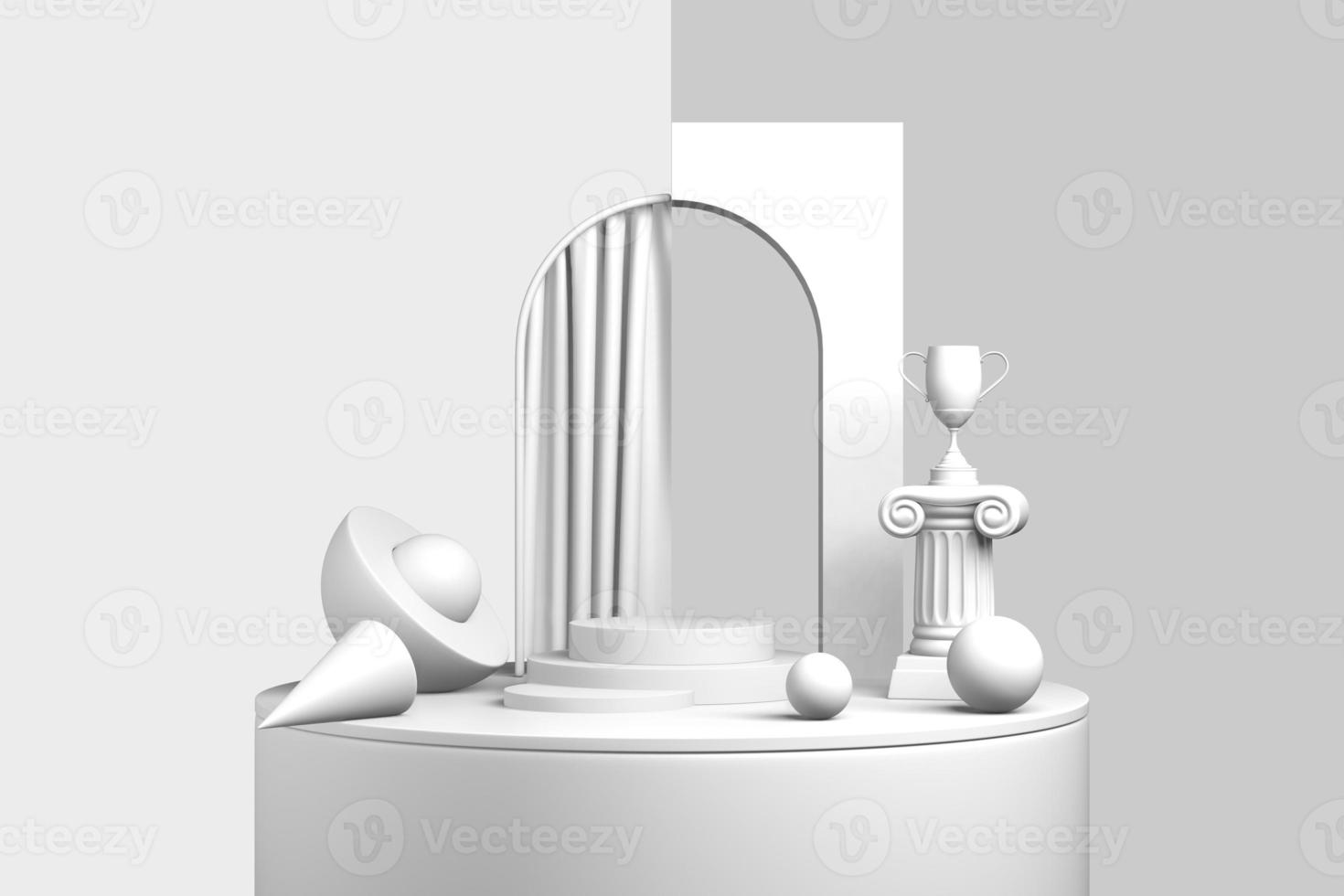 3D rendering abstract background, copy space, pedestal pastel white, gray color. Minimal scene product display with arch and curtain. Luxurious light winner award design. Mobile app template photo