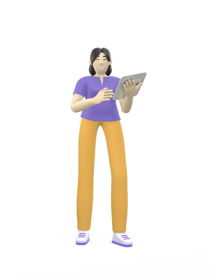 3D rendering character of an asian girl with a tablet. The concept of study, business, leader, startup. Positive illustration is isolated on a white background. photo