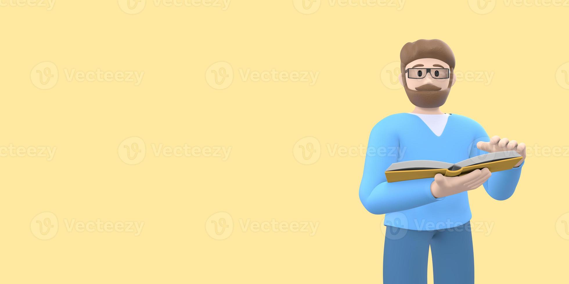 Literature fan character a young guy with a beard in glasses holds books in his hands. Funny, abstract cartoon people isolated on a yellow background. 3D rendering. photo