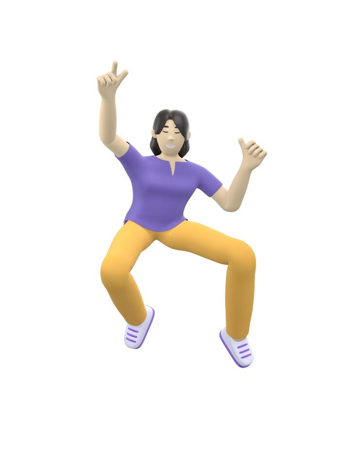 3D rendering character of an Asian girl jumping and dancing holding his hands up. Happy cartoon people, student, businessman. Positive illustration is isolated on a white background. photo