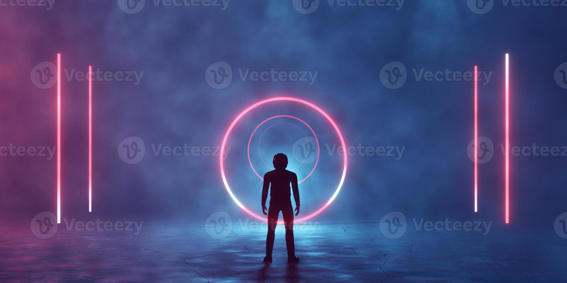 3D rendering virtual space, a lonely person in front of a glowing neon red circle portal, teleport and vertical lines in fog, smoke. Fantastic landscape, space tunnel, flaming corridor. photo