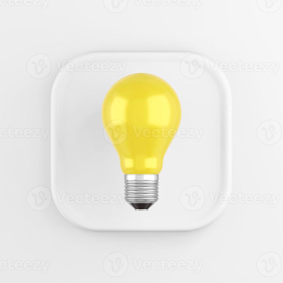 The icon is a realistic yellow light bulb, white square button. 3D rendering. photo