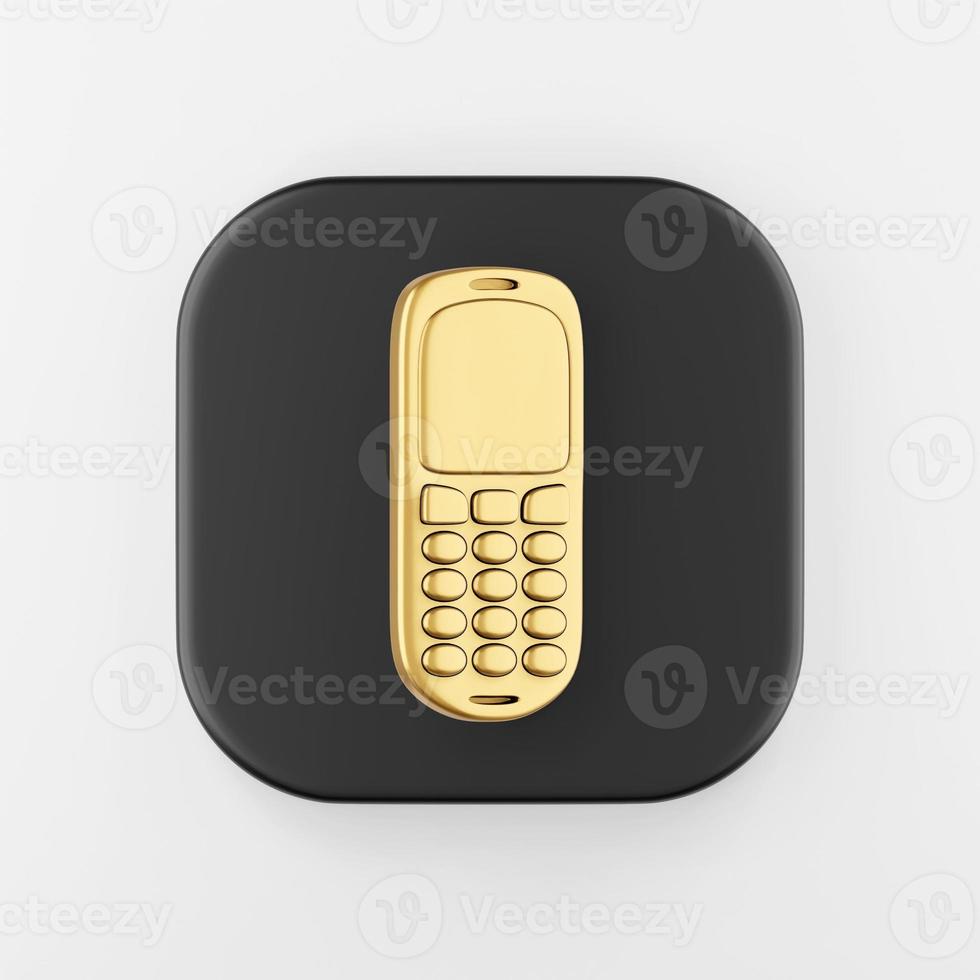 Golden mobile phone icon. 3d rendering black square key button, interface ui ux element. photo